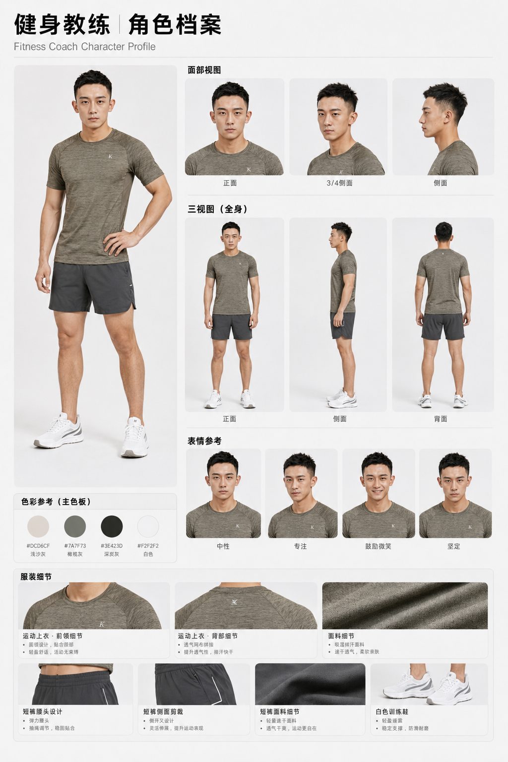 灰色训练服男性健身教练多视图角色档案
