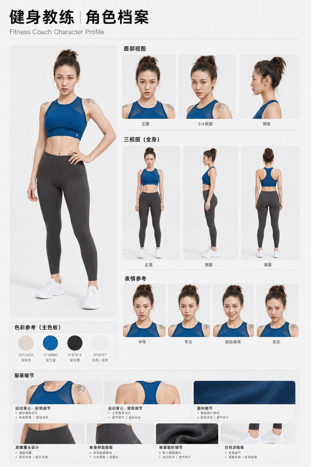 蓝色训练服女性健身教练多视图角色档案