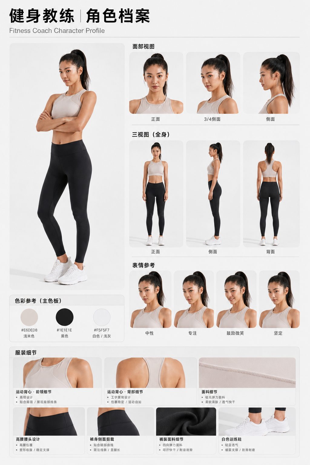 白色训练服女性健身教练多视图角色档案